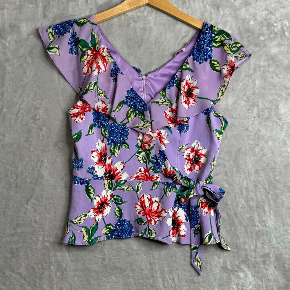 Parker Top Womens M Lavender Floral Open Back Ruffle V Neck Sleeve Faux Wrap
